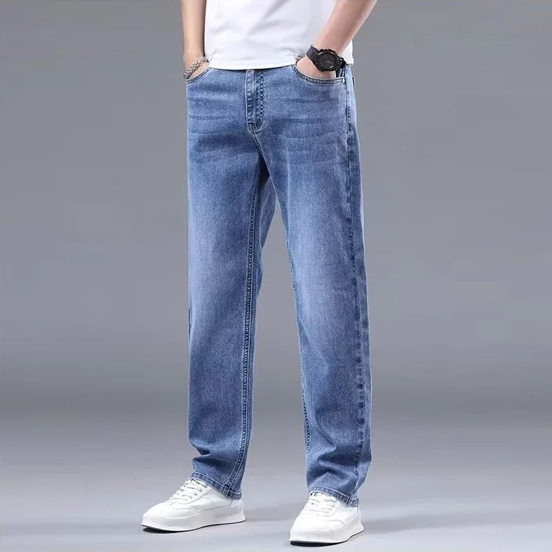Men New Fleece Lined Thickened Jeans Male Winter Loose Straight Slim Fit Denim Pants High End Casual Elasticity Trousers