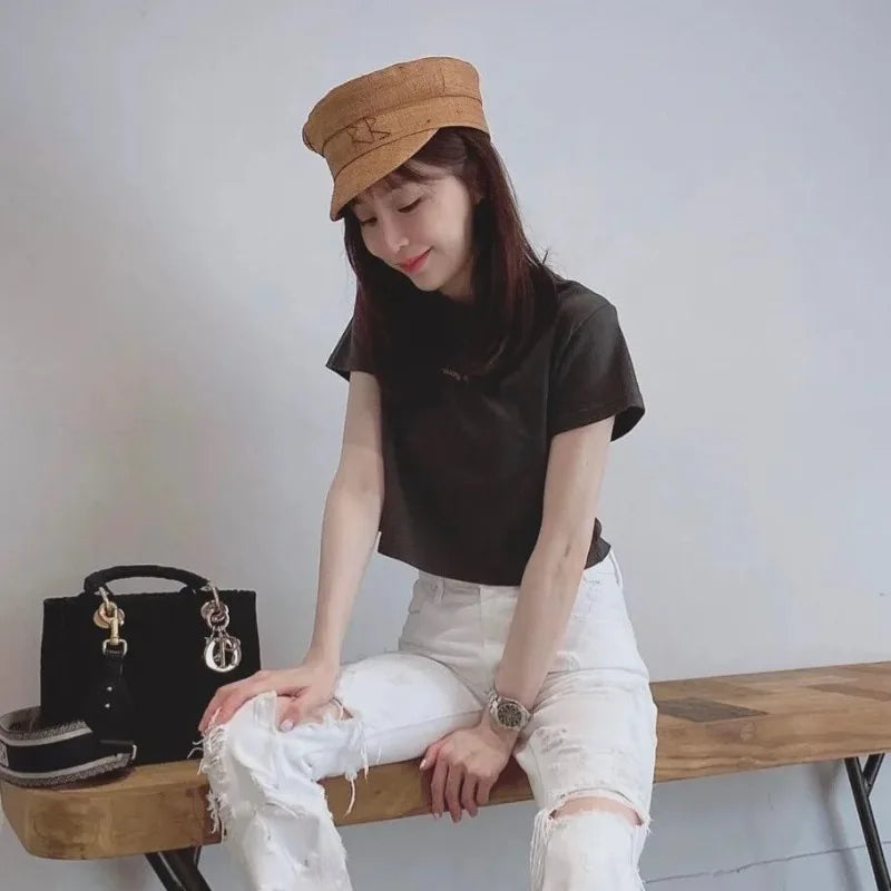 British Women’s Straw Newsboy Cap Summer Flat Top Sun Hat Spring Summer Raffia Handmade Monogram Embellished Baker Boy Cap