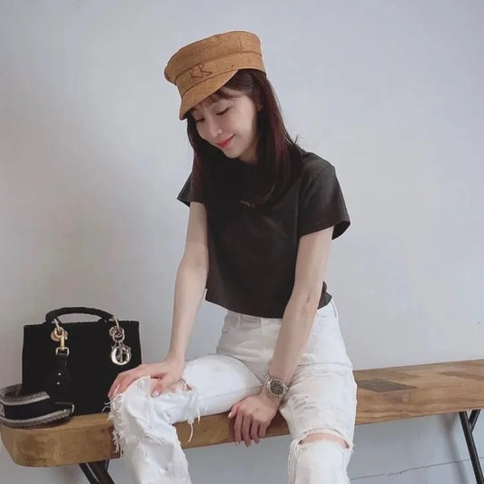 British Women’s Straw Newsboy Cap Summer Flat Top Sun Hat Spring Summer Raffia Handmade Monogram Embellished Baker Boy Cap