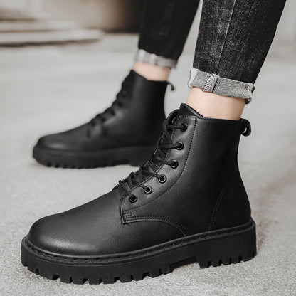 Men Shoes Autumn Anti Slip Waterproof High Top Black Lace Up Casual Leather Shoes Platform Boots Fashion Trend Motorcycle Boots