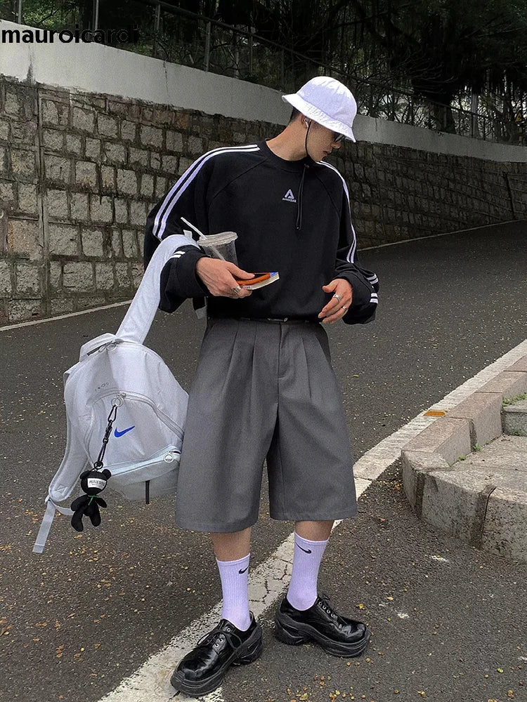 Spring Summer Loose Casual Soft Grey Pleated Shorts for Men with High Waist Short Straight Pants Korean Clothes 2024