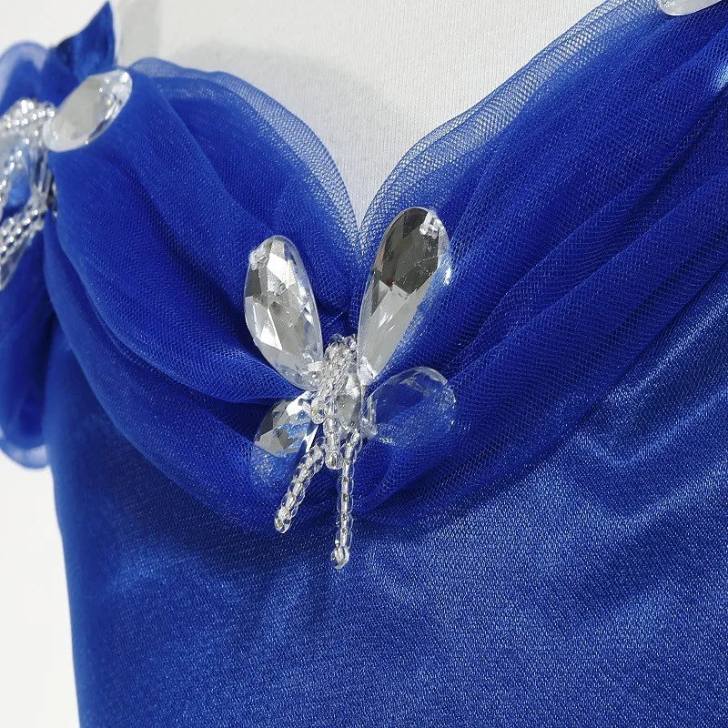 Cinderella Princess Same Cosplay Style Dark Blue Girl Luxury Dress Off-Shoulder Puff Skirt Christmas Party Gift Dress Set