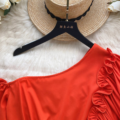 American Chic Blouse for Women Flounced Edge Skew Collar Bare Midriff Belt Skinny Shirts Summer Casual Female Tops Dropshipping