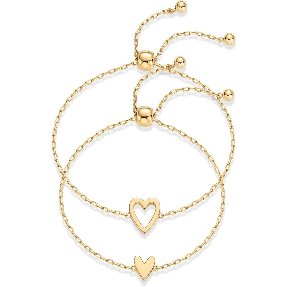 14K Gold Plated Heart Solitaire Bracelet Set – Adjustable Matching Pair for Best Friends or Couples
