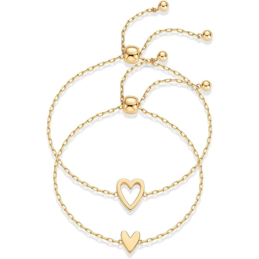 Parure de bracelets cœurs solitaires plaqués or 14 carats – Paire ajustable assortie pour meilleurs amis ou couples
