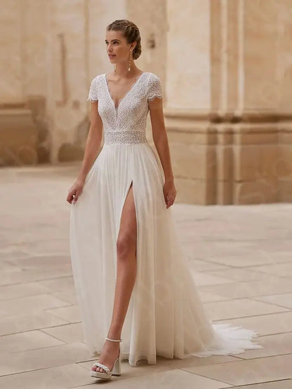 Customized Charming Lace Wedding Dresses Beach Bridal Gowns Boho Thigh Slit Bride Dresses Summer Wedding Gowns Short Sleeves