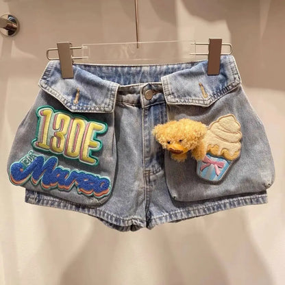 Design 3d Bear Velcro Design Denim Shorts Women's Summer New Loose Jeans Hot Pants