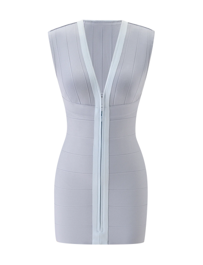 Front Zip V Neck Bandage Mini Dress For Women Sexy Sleeveless Bodycon Skirt Lady's 2026 New Summer Nightclub Dating Party Frock