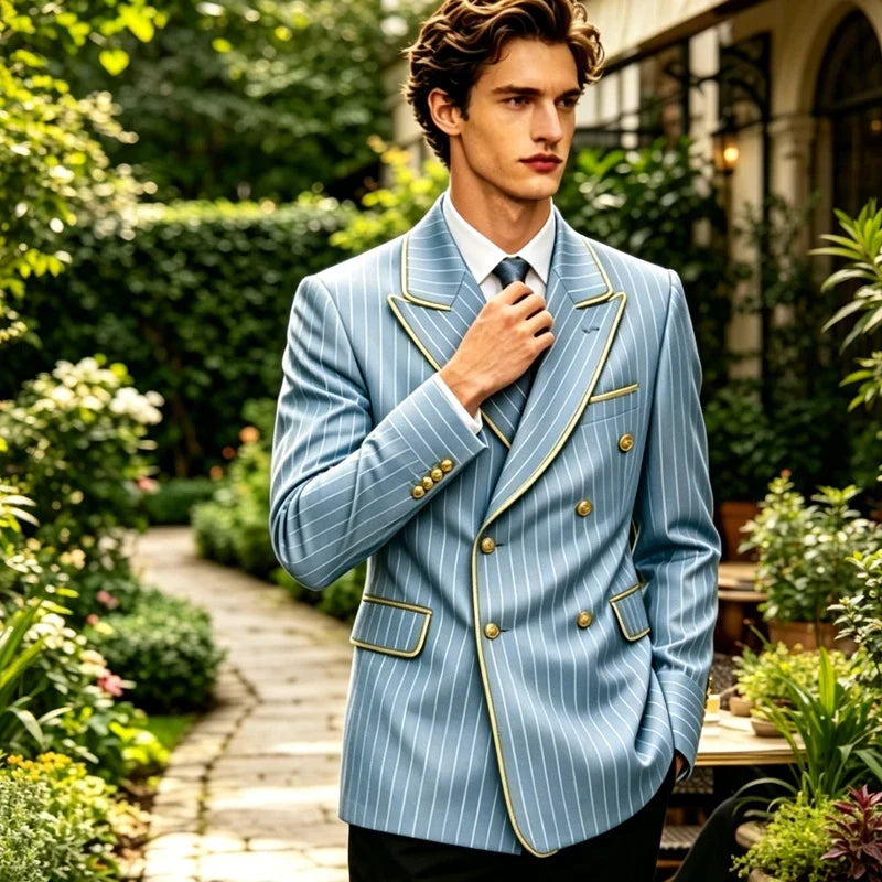 Luxury Men's Pinstripe Blazer Gold Trim Peak Lapel Formal Suit Breathable Lightweight Jacket for Business Party Wedding Coat