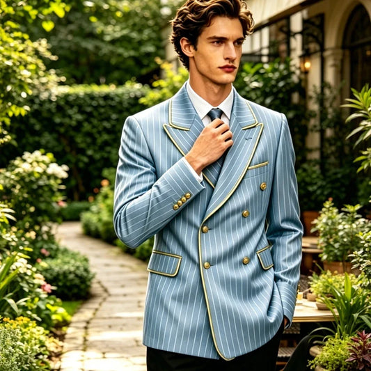 Luxury Men's Pinstripe Blazer Gold Trim Peak Lapel Formal Suit Breathable Lightweight Jacket for Business Party Wedding Coat