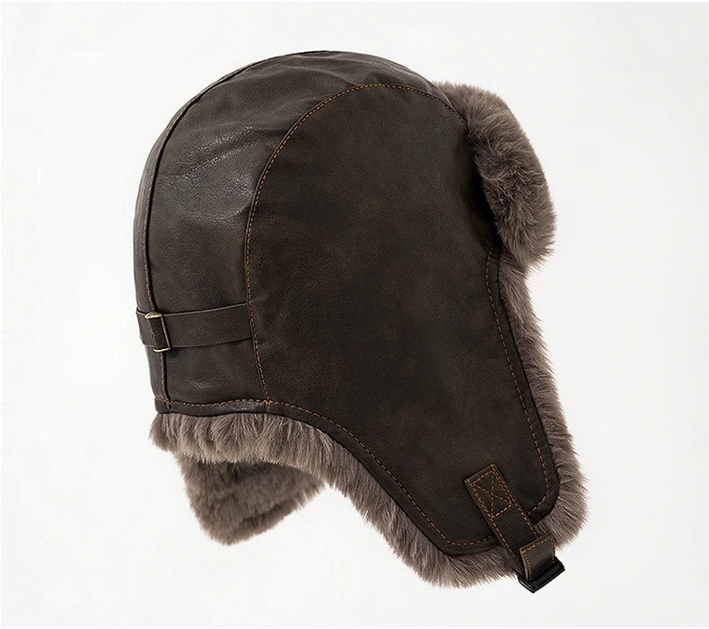 Men Winter Bomber Hat Outdoor Motorcycle Windproof Thicken Warm Faux Fur Pilot Earflap Hat Leather Thermal Ushanka
