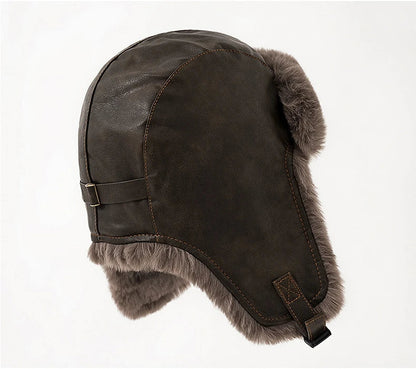 Men Winter Bomber Hat Outdoor Motorcycle Windproof Thicken Warm Faux Fur Pilot Earflap Hat Leather Thermal Ushanka