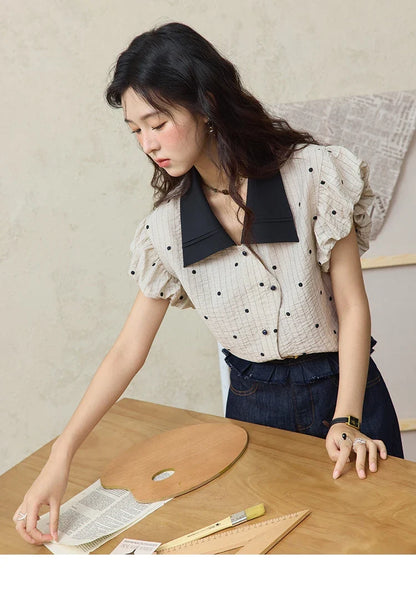 Summer Office Lady Blouses Women 2025 Short Sleeve Turn-down Collar Polka Dot Shirts Female Fashion Slim Tops MXE31C0776