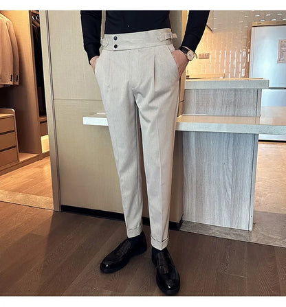 Autumn Winter High Waist Business Dress Pants Men Casual Belt Design Slim Suit Pants Formal Wedding Social Party Male Trousers