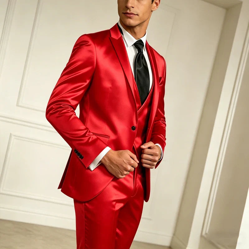 Luxury Men's Satin Suit 3 Piece Set Notch Lapel Slim Fit 1 Button Blazer Vest Pants for Formal Groom Groomsmen Prom Party