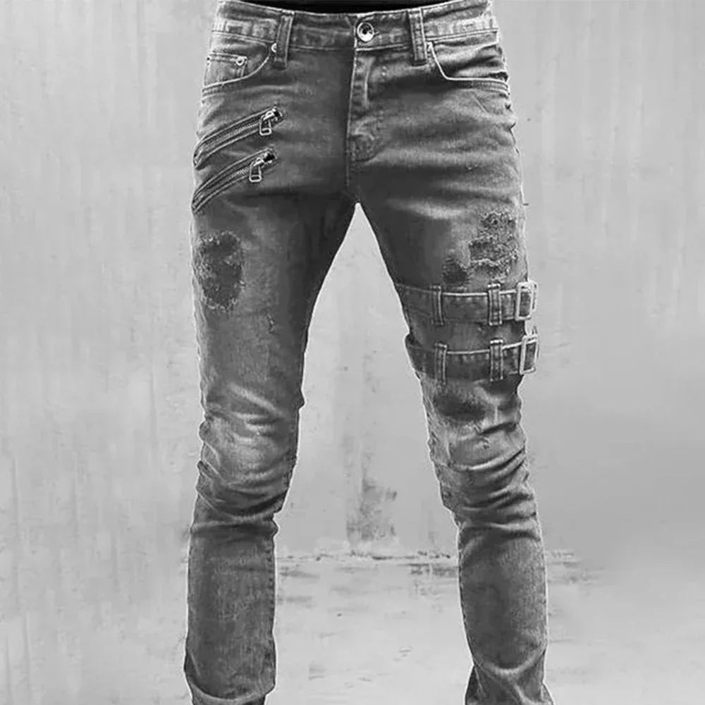 Retro Moto Biker Straight Elastic Jeans Men Zipper Hole Streetwear Punk Skinny Denim Cargo Pants Pantalones Hombre  Y2K Clothing