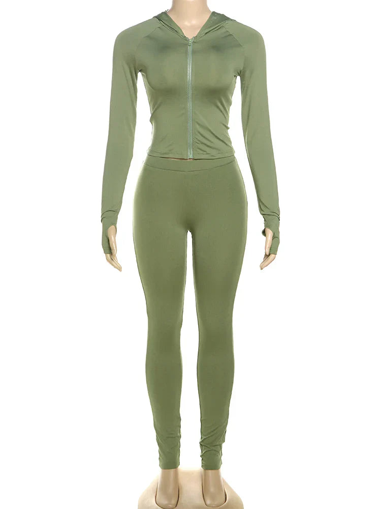 Casual Women 2 Piece Set Classic Tracksuits Solid Long Sleeve Zip-up Hood Tops+Slim Elastic Pants Sporty Concise Outfits