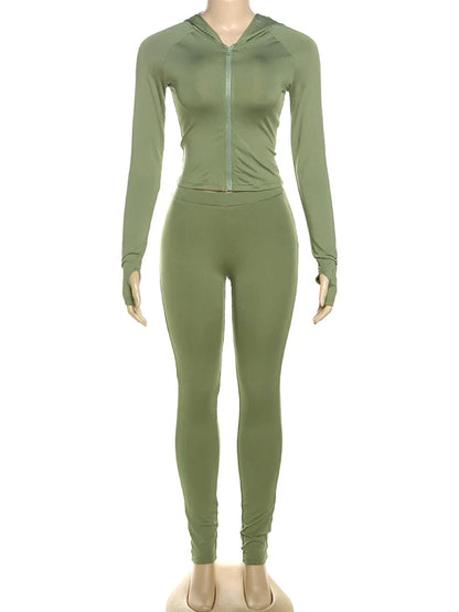 Casual Women 2 Piece Set Classic Tracksuits Solid Long Sleeve Zip-up Hood Tops+Slim Elastic Pants Sporty Concise Outfits