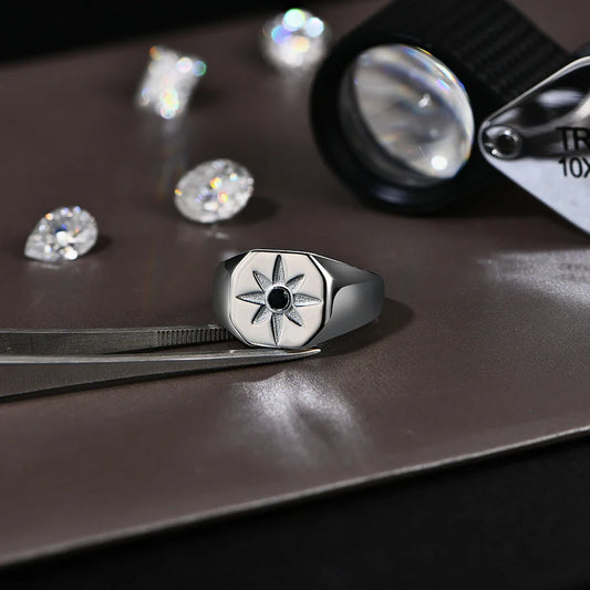 Vintage 8-Pointed Star Signet Ring for Men S925 Sterling Silver Black Spinel Women Rings Punk Jewelry Gifts for party