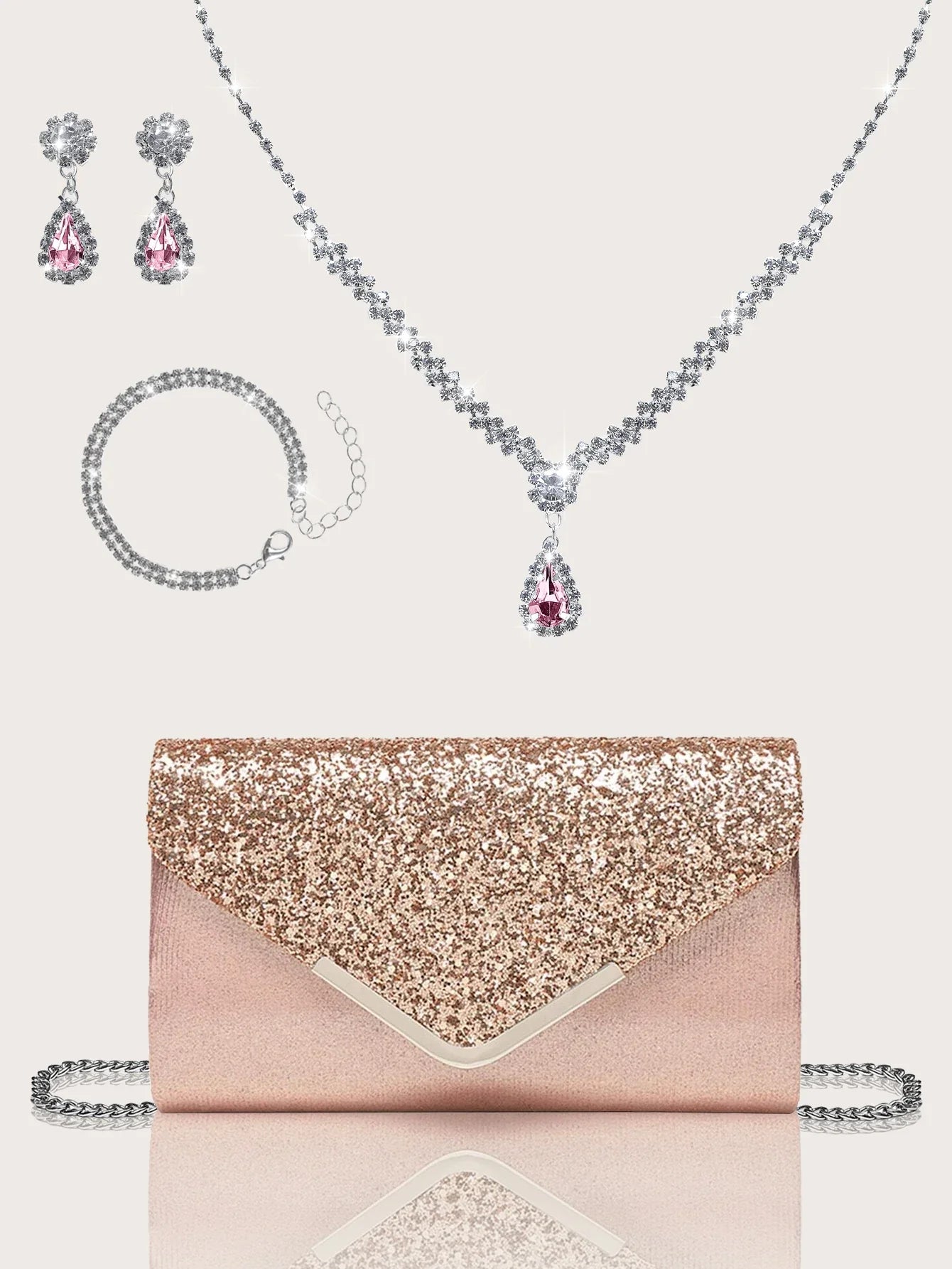 Gorgeous and elegant sparkly women's clutch bag, paired with a gorgeous rhinestone necklace, earrings and bracelet set of four.