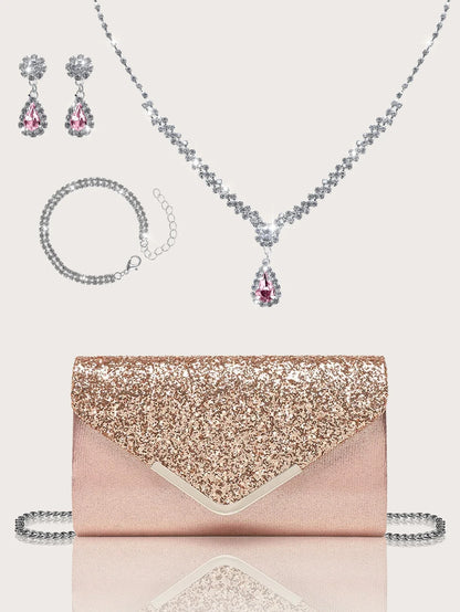 Gorgeous and elegant sparkly women's clutch bag, paired with a gorgeous rhinestone necklace, earrings and bracelet set of four.