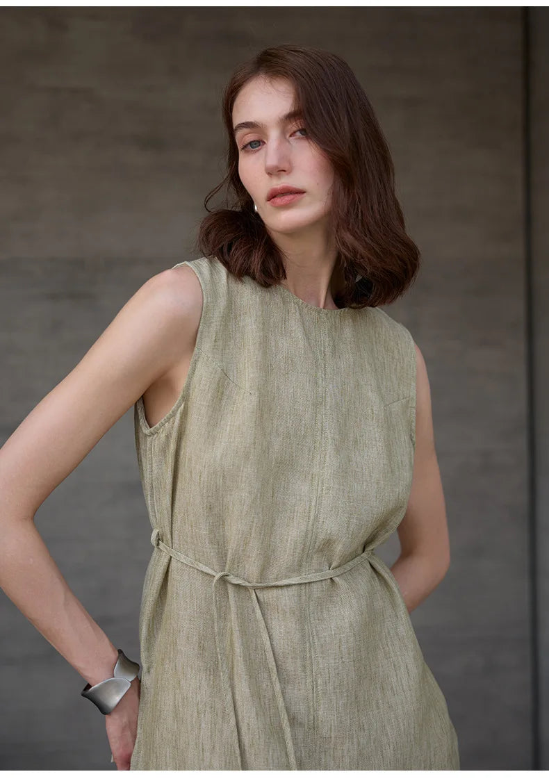 100% Linen Mid-Length Round Neck Women's Tank Top American Vintage Ladies Top Mujer Summer Lace-up Loose Sleeveless Tops