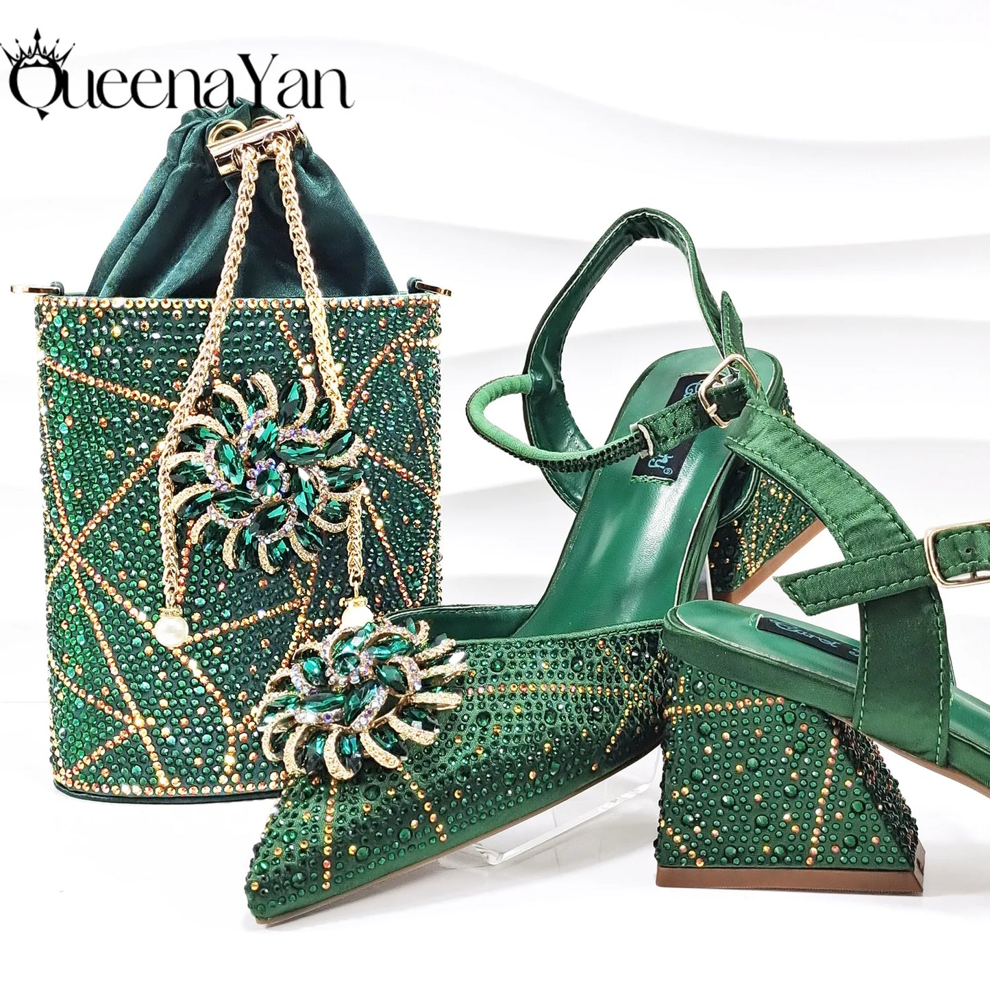 Fashion Design High-end Women's Shoes with Diamond Oval Stand Bag Women's High Heels for Special Day or Work