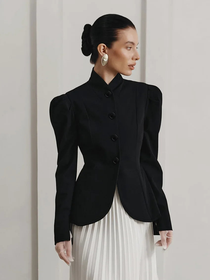 French Style Elegant Retro Stand Collar Black Suit Autumn Winter New Temperament Commute Puff Sleeve Slim Female Coat Tops Trend