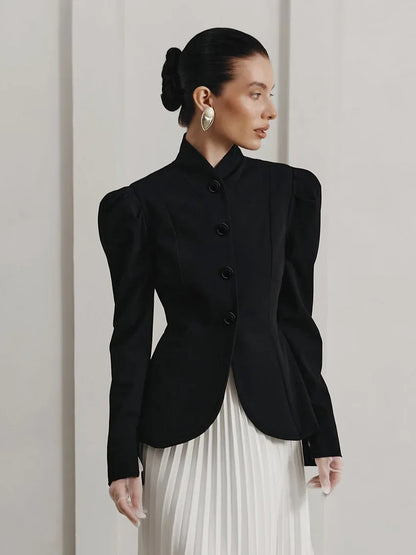 French Style Elegant Retro Stand Collar Black Suit Autumn Winter New Temperament Commute Puff Sleeve Slim Female Coat Tops Trend