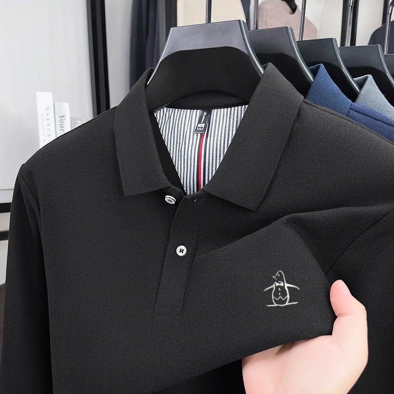 100% High-quality Cotton Latest Men's Polo Long Sleeve Autumn Spring Warm Fashionable Business Casual Cozy Delicate Embossed Top