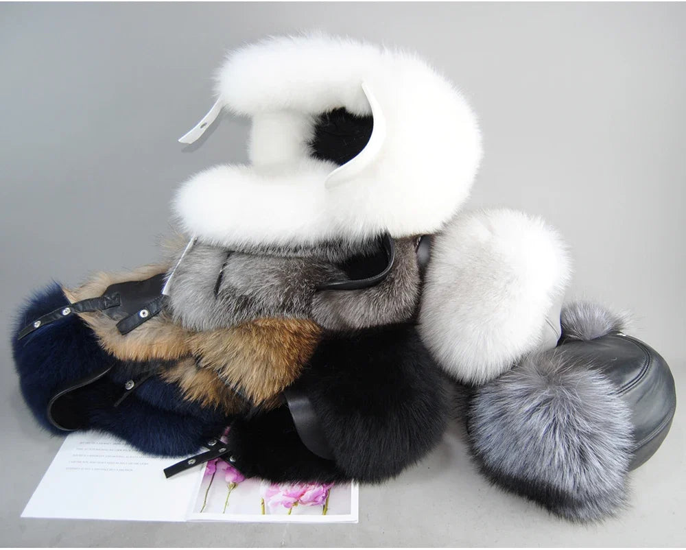 100% Real Fox Fur Hat Women's Russian Ushanka Aviator Trapper Snow Skiing Hat Caps Earflap Winter Raccoon Fur Bomber Hat