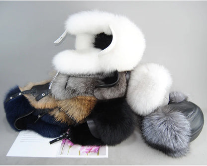 100% Real Fox Fur Hat Women's Russian Ushanka Aviator Trapper Snow Skiing Hat Caps Earflap Winter Raccoon Fur Bomber Hat