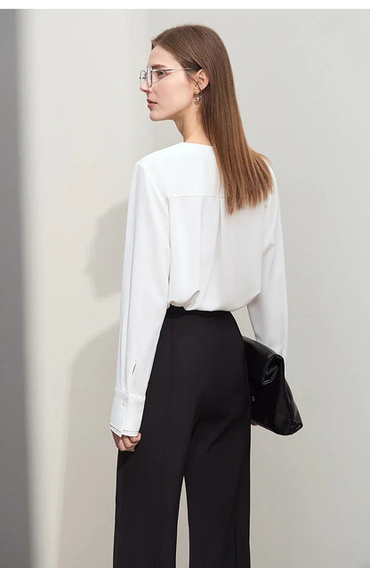 Autumn New Elegant Blouses Women 2025 V-neck Solid Long Sleeve Shirts Female Fashion Office Lady Straight Clothing 12521087