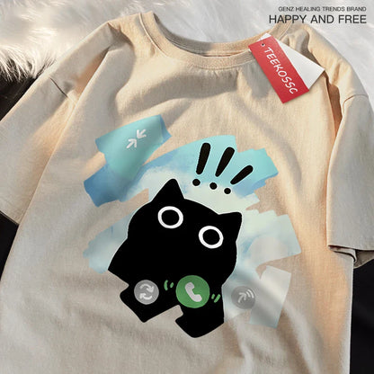 Voice Call Black Cat Japanese Style T Shirt Men Women Fashion Tshirts Summer Cotton Tops Cotton Loose Street Hip Hop T-Shirts