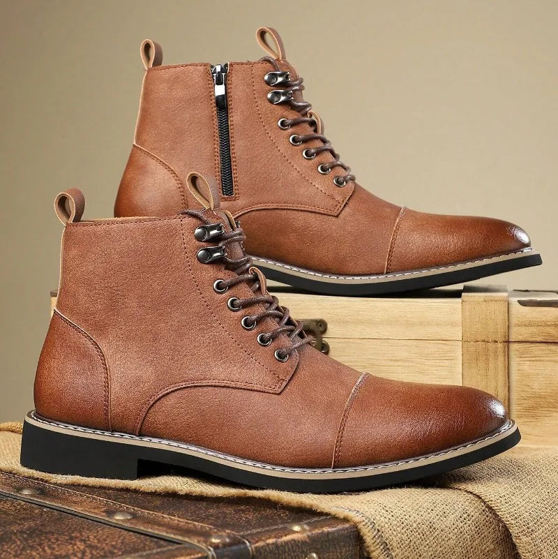 Brand Men High-top Leather Boots Classic Chelsea Boots Lace Up Pointe End Ankle Boot Men's Business Dress Boots Botas Masculinas