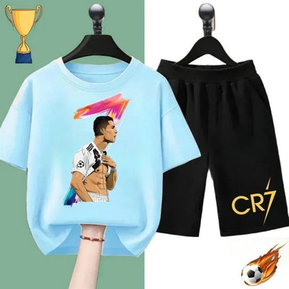 2025 Summer new children's suit Ronaldo football star printed children's suit Children's summer short sleeve shorts boys and gir