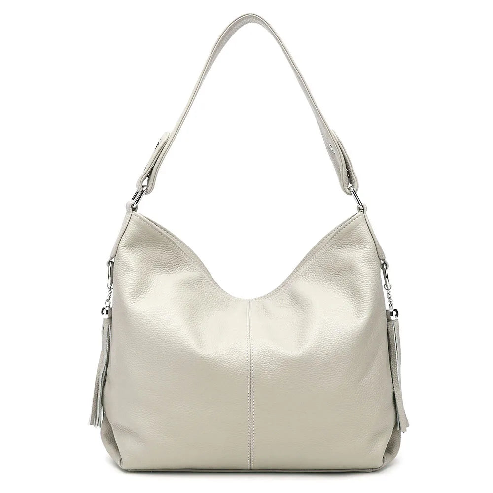 Elegant Beige Women Genuine Leather Handbag Hobo Bag Fashion Crossbody Tassel Big Capacity Shopper Tote Purse Sac Hot Sale