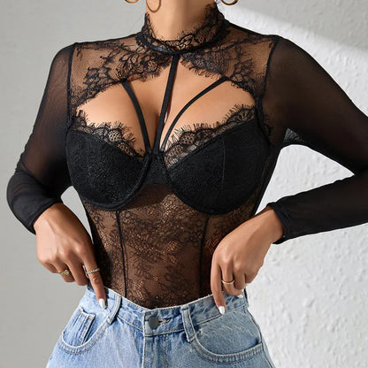 Sleek Fitted Bodice Sexy Lace See Through Long Sleeve Bodysuit Y2K Stretch Shirt Push Up Bra Padded Slim Top One-Pieces Lingerie