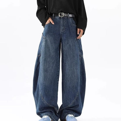 Korean Retro Men'S Jeans Fashion Large Pocket Design Curved Knife Jeans Straight Leg Pants Letter Embroidered Baggy Jeans Y2k