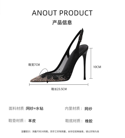 New Baotou sexy sandals with one buckle and summer mesh, rhinestone high heels for women, slim heels, shallow mouth