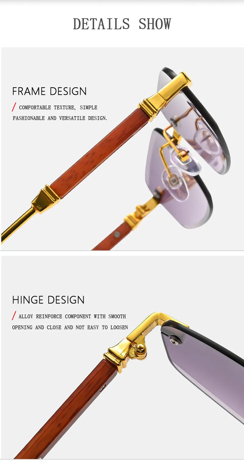 2026 Wooden Rimless Sunglasses Women Trendy Sunscreen Vintage Sunglass Men Vacation Fashion Glasses Lentes De Sol Mujer Okulary