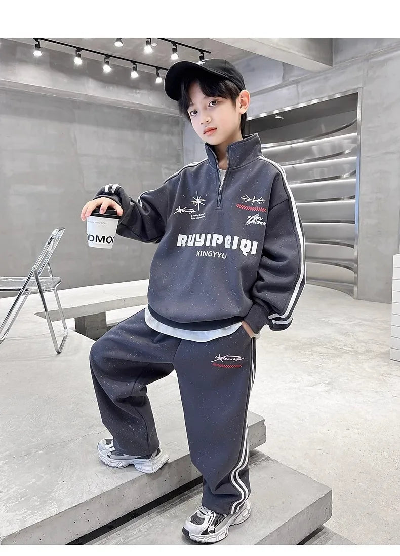 Spring Autumn Boys Striped Half Zip Sweatshirt+Sweatpant Workout Sets School Kids Tracksuit Children Outfit Jogging Suit 5-16 Yr