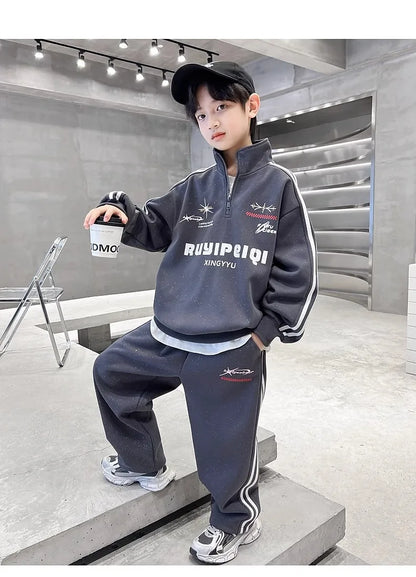 Spring Autumn Boys Striped Half Zip Sweatshirt+Sweatpant Workout Sets School Kids Tracksuit Children Outfit Jogging Suit 5-16 Yr