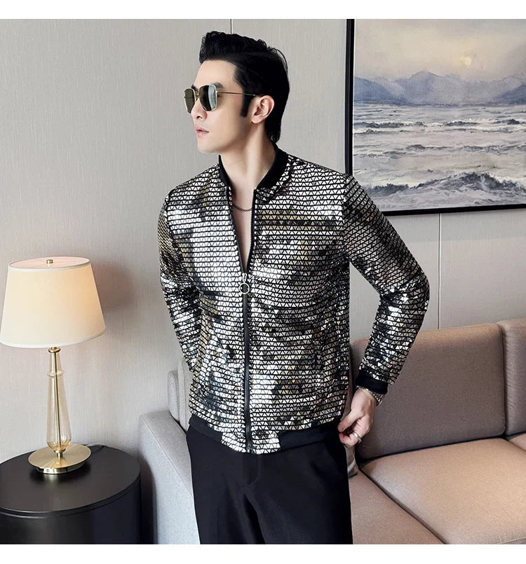 Men's Fashionable and Personalized Silver Sequin Jacket Summer New Ball Performance Suit Jacket Hip-hop Fashion Street Wear