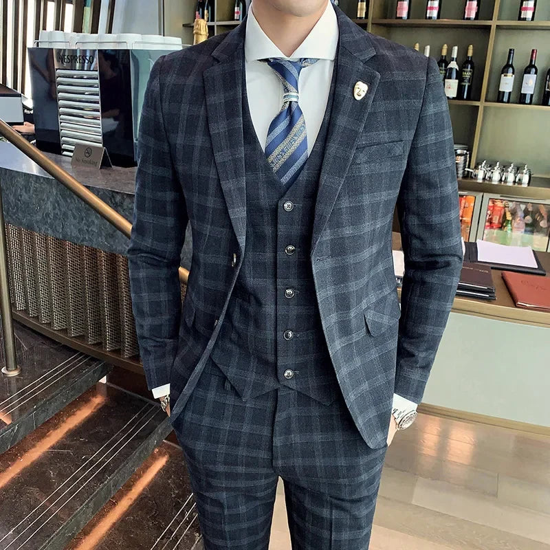 Blue Men Classic Striped/Checked Suits, Asian Size Slim Fit Business Office 3-Piece Sets, Black/Gray and Red Available.