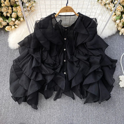 Autumn Blouse for Women Fashion O-neck Long Puff Sleeve Flounced Edge Shirts French Chic Versatile Female Tops Dropshipping