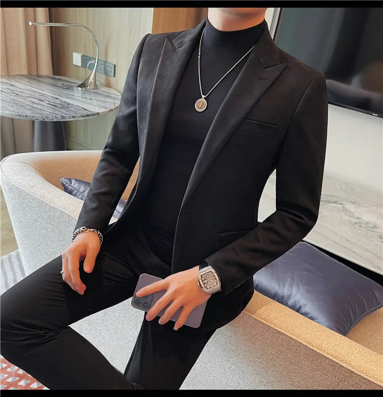 Classics Autumn Winter Suede Suit Jackets Fashion New Solid Slim Fit Business Office Social Blazer Wedding Top Mens Clothing 4XL