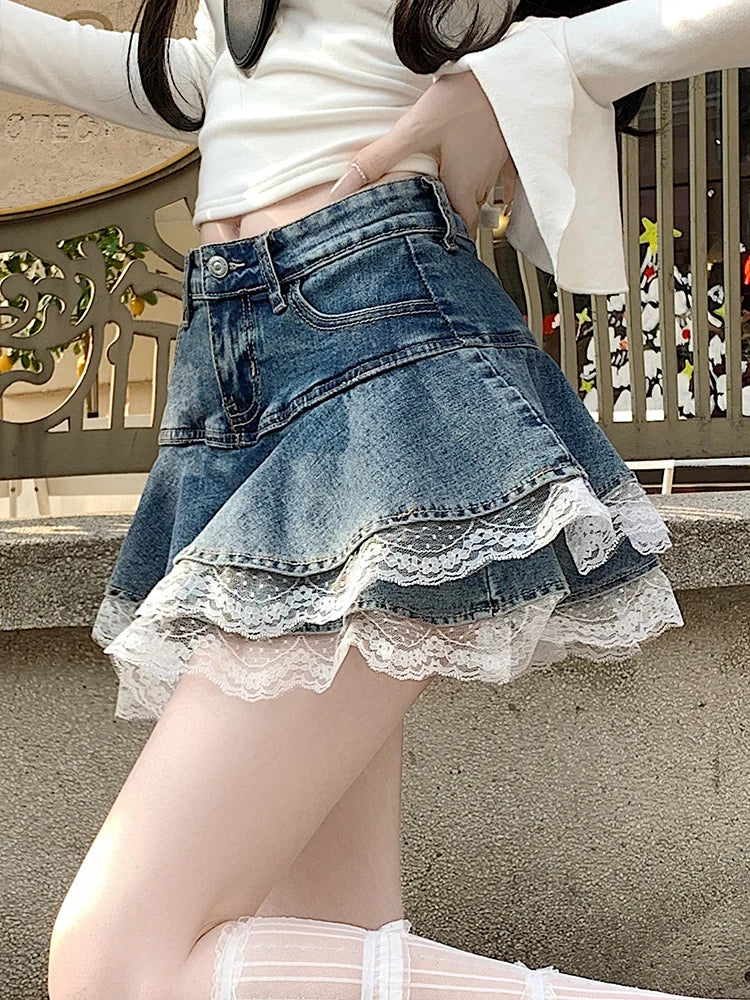 2025 Summer Mini Y2K Denim Skirt Women Fashion Streetwear Ruffles Kawaii Lace Skirts Shorts Preppy School Pleated Jeans Skirt