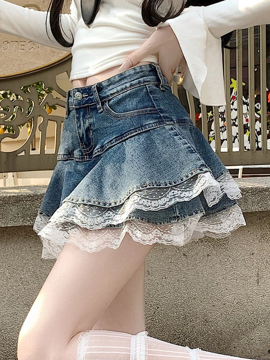 2025 Summer Mini Y2K Denim Skirt Women Fashion Streetwear Ruffles Kawaii Lace Skirts Shorts Preppy School Pleated Jeans Skirt