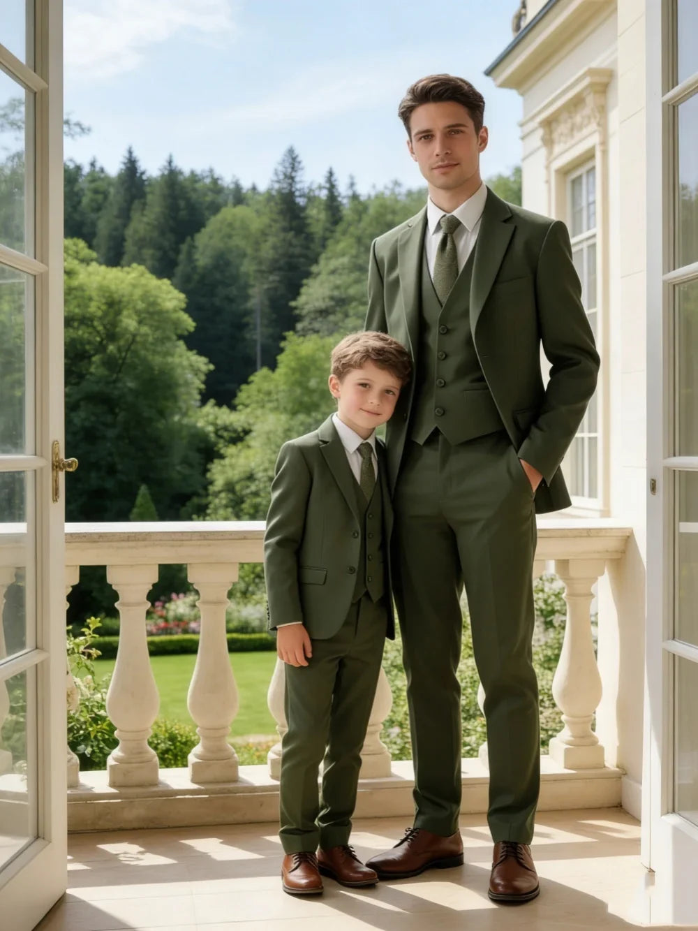 Green Formal Mens & Child Suits,3-pieces Jacket Vest Pants,Father Son Wedding Guest Outfit,Plus Size Coming of Age Communion